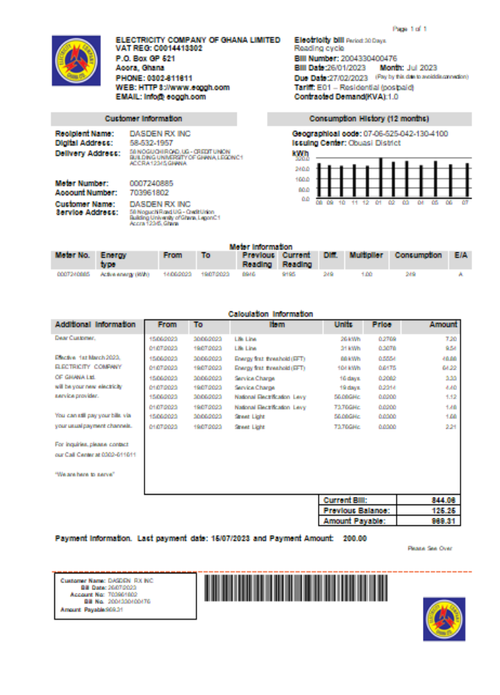 Electricity Company of Ghana Ltd utility business bill,SCR PSD template